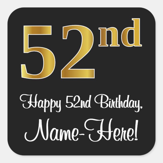 Sticker Carré 52e anniversaire - Elégant luxe Faux Gold Look # (Devant)