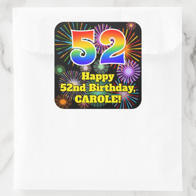 Sticker Carré 52e anniversaire : Fun Fireworks Look, Arc-en-ciel (Sac)