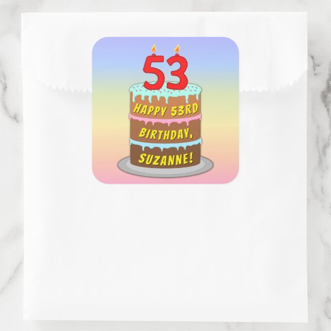 Sticker Carré 53rd Birthday: Fun Cake and Candles + Custom Name (Sac)