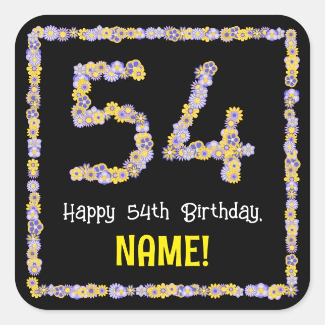 Sticker Carré 54e anniversaire : Floral Flowers Numéro, Nom pers (Devant)