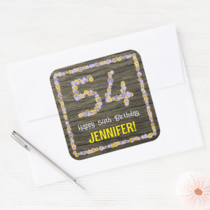 Sticker Carré 54e anniversaire : numéro floral, Faux Wood Look, 
