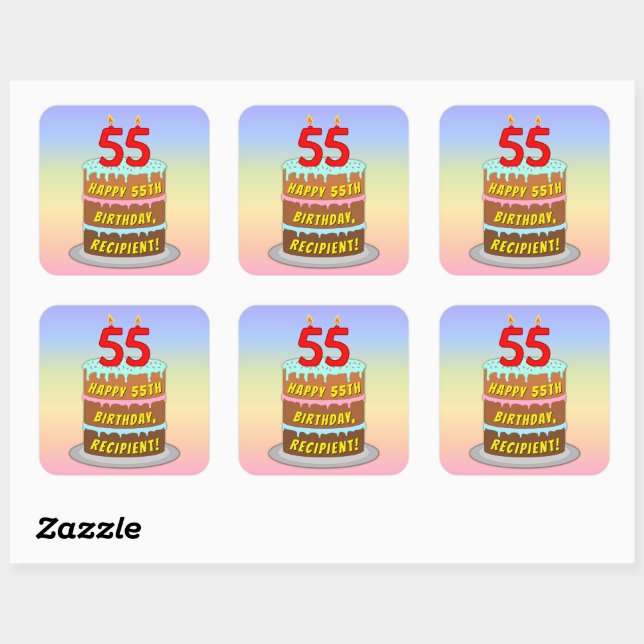 Sticker Carré 55e anniversaire : Fun Cake and Candles + Nom pers (Feuille)