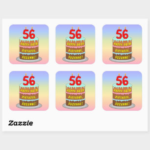 Sticker Carré 56e anniversaire : Fun Cake and Candles + Nom pers