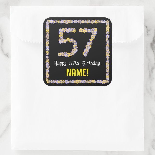 Sticker Carré 57e anniversaire : Floral Flowers Numéro, Nom pers (Sac)