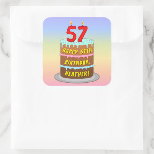 Sticker Carré 57e anniversaire : Gâteau et bougies amusants + No