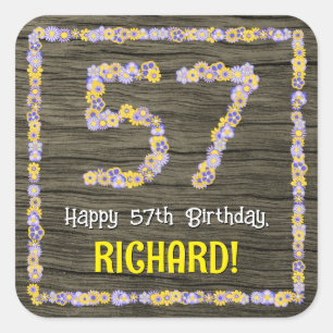 Sticker Carré 57e anniversaire : numéro floral, Faux Wood Look, 