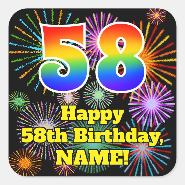 Sticker Carré 58e anniversaire : Fun Fireworks Look, Arc-en-ciel (Devant)