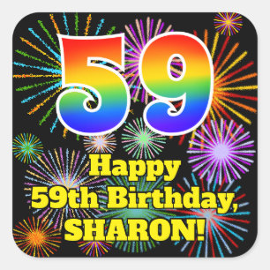 Sticker Carré 59e anniversaire : Fun Fireworks Look, Arc-en-ciel