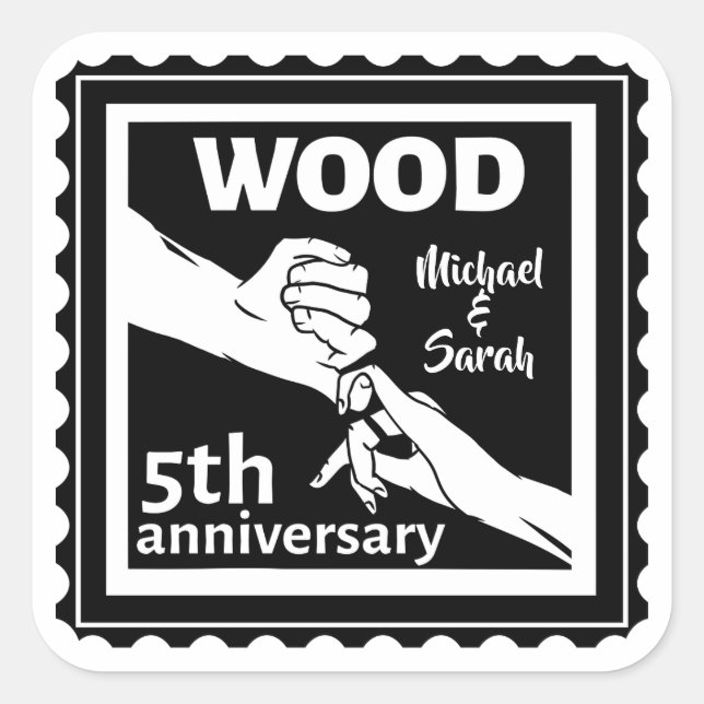 Sticker Carré 5e anniversaire du Mariage tenant la main bois (Devant)