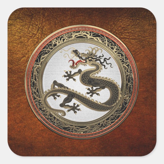 Sticker Carré [600] Dragon oriental sacré noir et or (Devant)