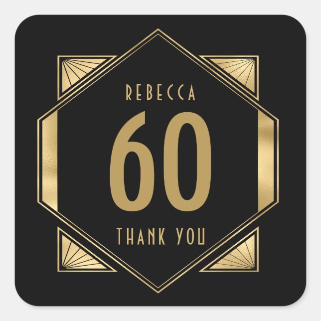Sticker Carré 60e anniversaire Art Déco Nom Merci Gold Black (Devant)
