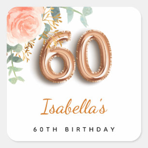 Sticker Carré 60e anniversaire floral rose or eucalyptus monogra