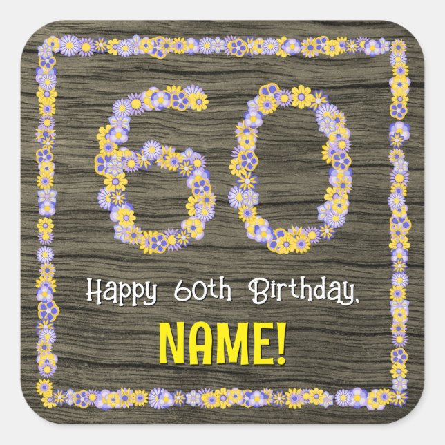 Sticker Carré 60e anniversaire : numéro floral, Faux Wood Look,  (Devant)