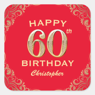 Sticker Carré 60e anniversaire Parties scintillant rouge et or c