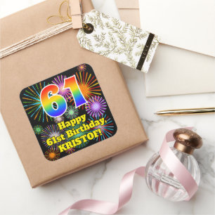 Sticker Carré 61e anniversaire : Fun Fireworks Look, Arc-en-ciel