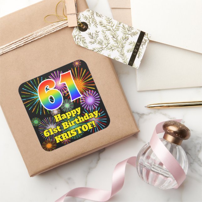 Sticker Carré 61e anniversaire : Fun Fireworks Look, Arc-en-ciel (Cadeaux)