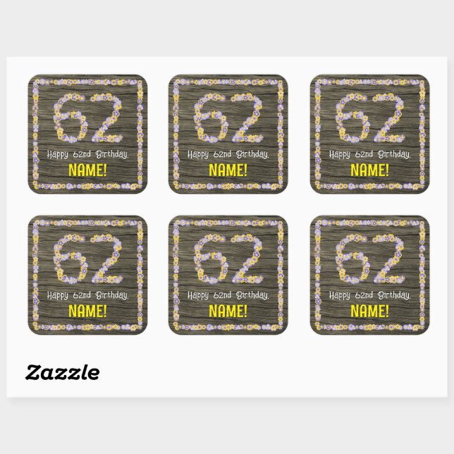 Sticker Carré 62e anniversaire : numéro floral, Faux Wood Look,  (Feuille)