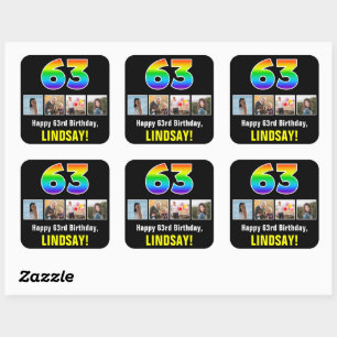 Sticker Carré 63e anniversaire : Arc-en-ciel "63"; photos et nom