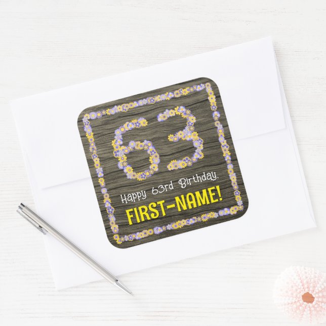 Sticker Carré 63e anniversaire : numéro floral, Faux Wood Look,  (Enveloppe)