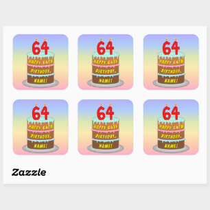 Sticker Carré 64e anniversaire : Fun Cake and Candles + Nom pers
