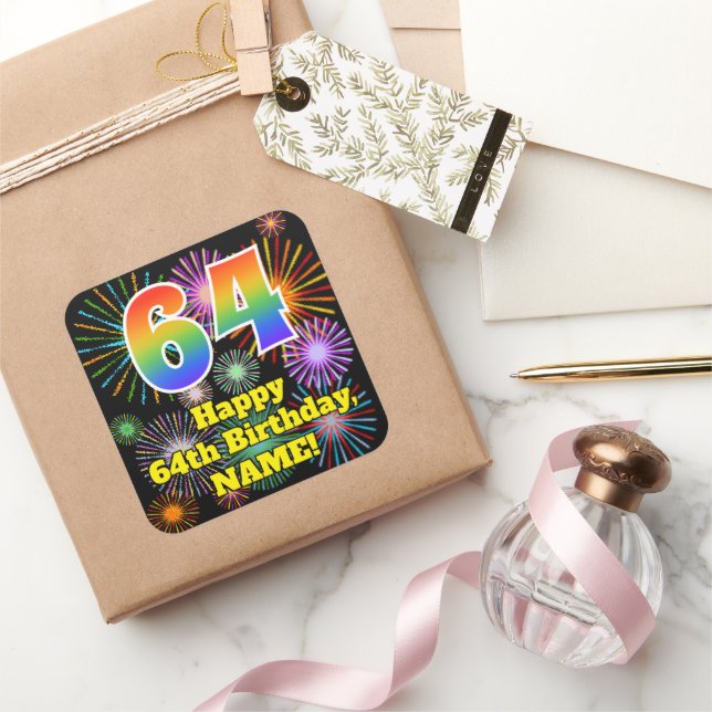 Sticker Carré 64e anniversaire : Fun Fireworks Look, Arc-en-ciel (Cadeaux)