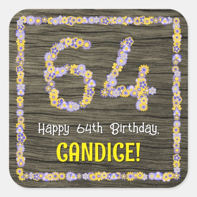 Sticker Carré 64e anniversaire : numéro floral, Faux Wood Look,  (Devant)