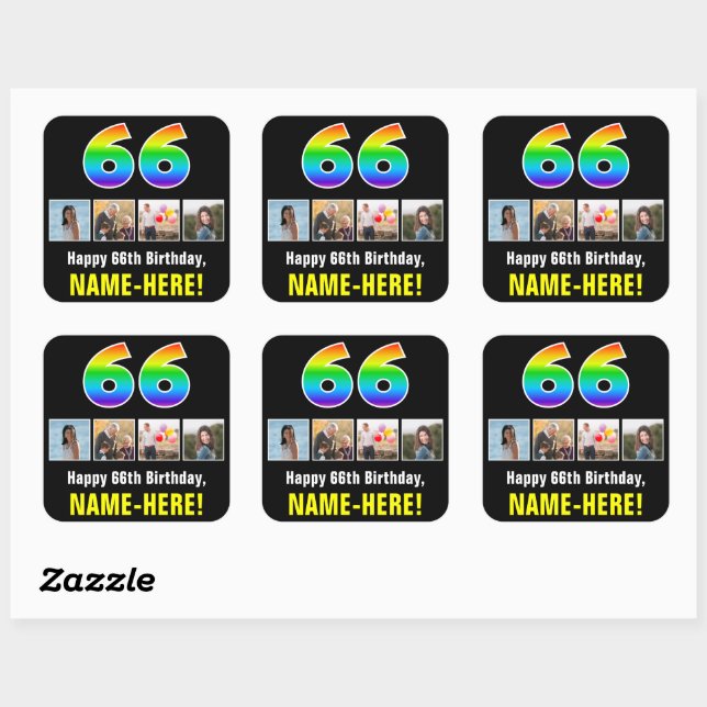 Sticker Carré 66e anniversaire : Arc-en-ciel "66"; photos et nom (Feuille)