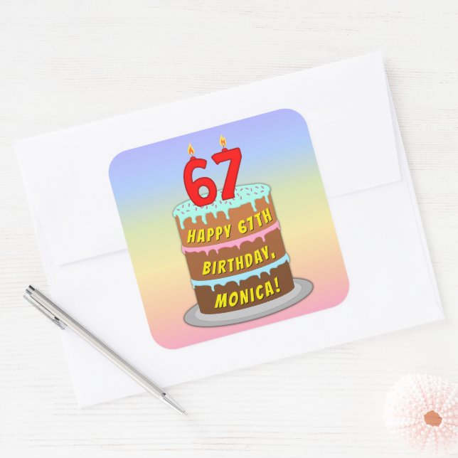 Sticker Carré 67e anniversaire : Fun Cake and Candles + Nom pers (Enveloppe)