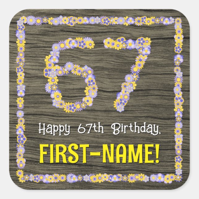 Sticker Carré 67e anniversaire : numéro floral, Faux Wood Look,  (Devant)