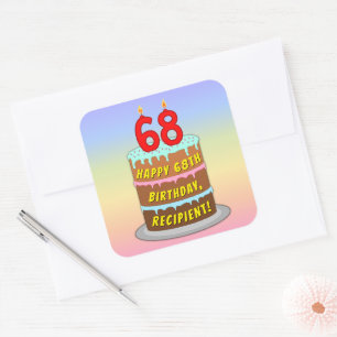 Sticker Carré 68e anniversaire : Fun Cake and Candles + Nom pers