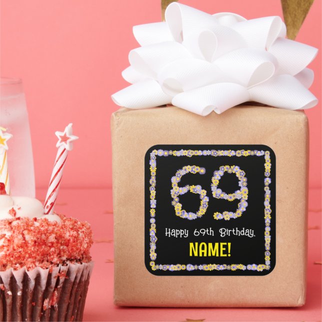 Sticker Carré 69e anniversaire : Floral Flowers Numéro, Nom pers (Fête)