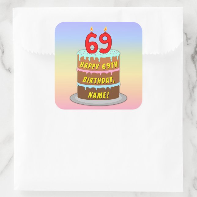 Sticker Carré 69e anniversaire : Fun Cake and Candles + Nom pers (Sac)