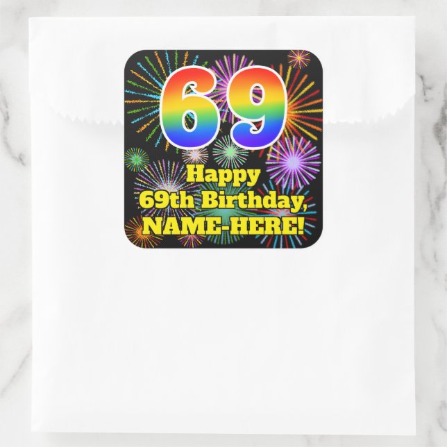 Sticker Carré 69e anniversaire : Fun Fireworks Look, Arc-en-ciel (Sac)