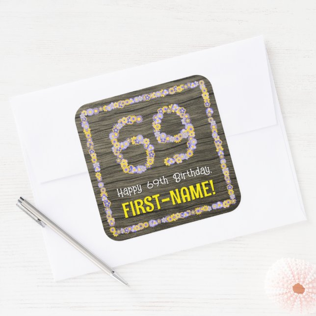 Sticker Carré 69e anniversaire : numéro floral, Faux Wood Look,  (Enveloppe)