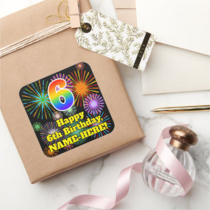 Sticker Carré 6e anniversaire : Fun Fireworks Look, Arc-en-ciel 