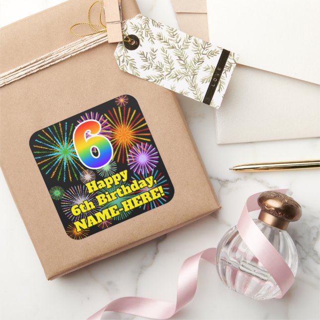 Sticker Carré 6e anniversaire : Fun Fireworks Look, Arc-en-ciel  (Cadeaux)