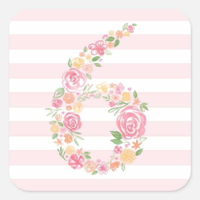 Sticker Carré 6e anniversaire Pink Stripes & Aquarelle Florale S (Devant)