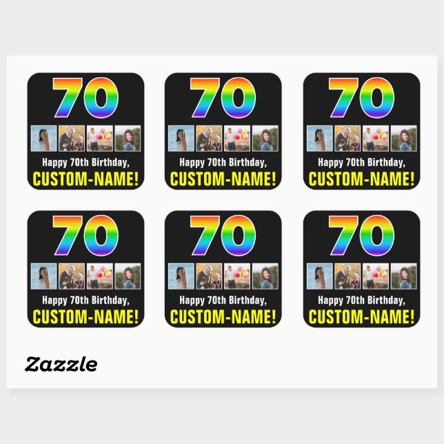 Sticker Carré 70e anniversaire : Arc-en-ciel "70"; photos et nom (Feuille)