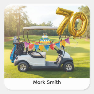 Sticker Carré 70e anniversaire de golf avec voiturette de golf s
