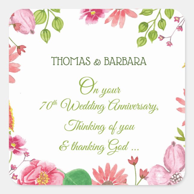 Sticker Carré 70e anniversaire Mariage religieux Fleurs (Devant)