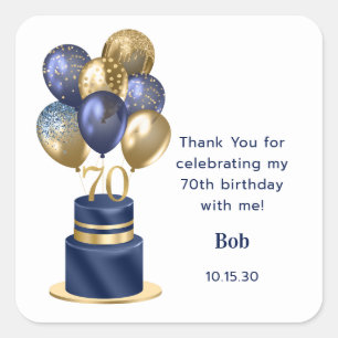 Sticker Carré 70e anniversaire Marine Blue Balloon Cake Merci