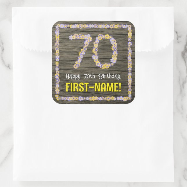 Sticker Carré 70e anniversaire : numéro floral, Faux Wood Look,  (Sac)
