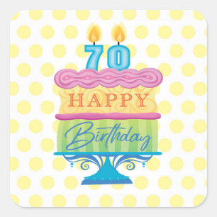Sticker Carré 70e Joyeux gâteau d'anniversaire Dots jaunes