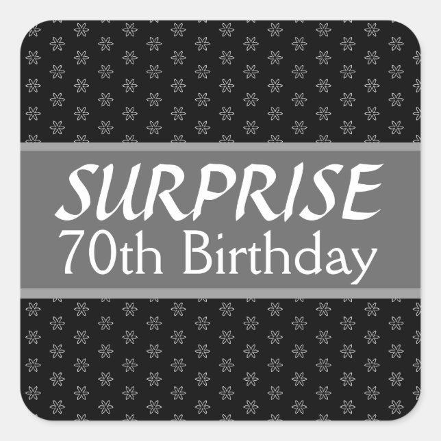 Sticker Carré 70e SURPRISE Anniversaire Noir Argent Rouge (Devant)