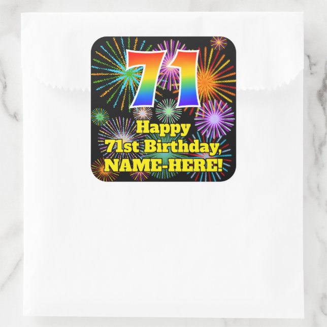 Sticker Carré 71e anniversaire : Fun Fireworks Look, Arc-en-ciel (Sac)