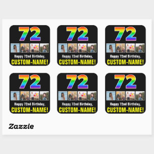 Sticker Carré 72e anniversaire : Arc-en-ciel "72"; photos et nom
