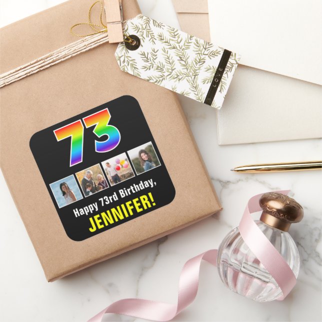 Sticker Carré 73e anniversaire : Arc-en-ciel "73"; photos et nom (Cadeaux)