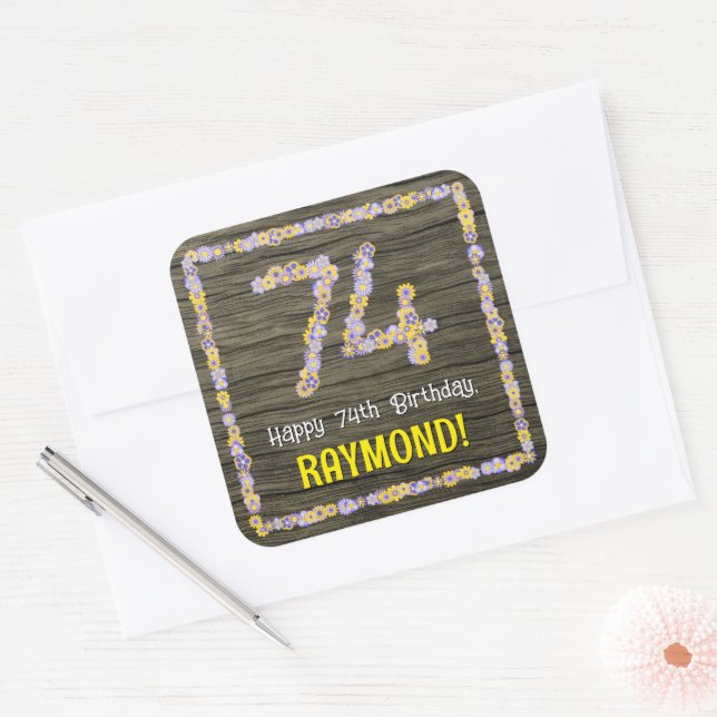Sticker Carré 74e anniversaire : numéro floral, Faux Wood Look,  (Enveloppe)