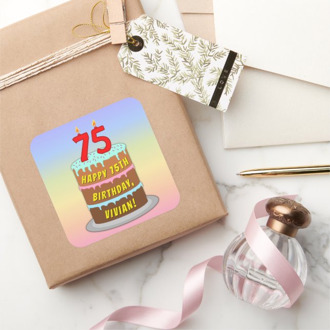 Sticker Carré 75e anniversaire : Fun Cake and Candles + Nom pers (Cadeaux)
