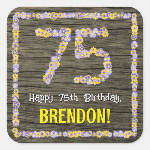 Sticker Carré 75e anniversaire : numéro floral, Faux Wood Look, 